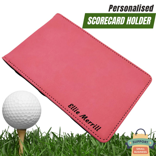 Personalised Golf Scorecard Holder | Pink PU Leather with Black Engraving - Golf Gifts Direct