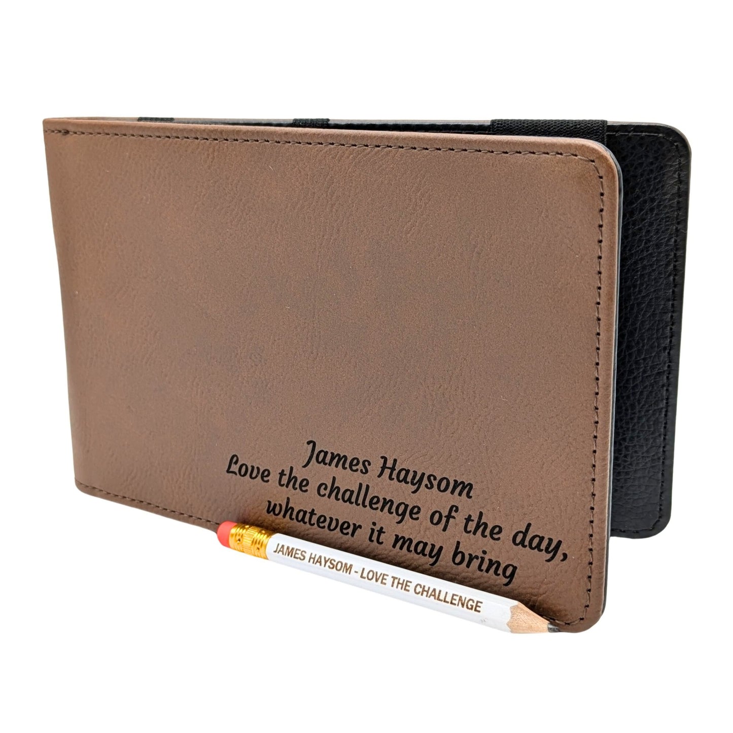 Personalised Golf Scorecard Holder | Brown PU Leather with Black | Engraving | Matching Pencil