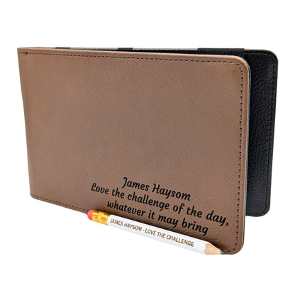 Personalised Golf Scorecard Holder | Brown PU Leather with Black | Engraving | Matching Pencil