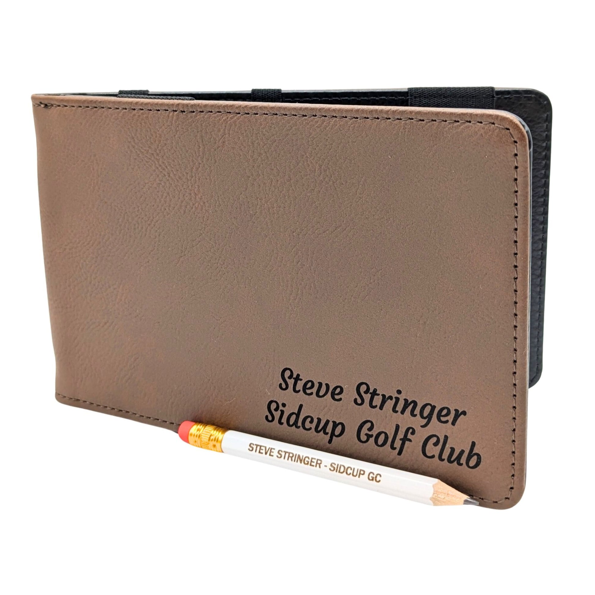 Personalised Golf Scorecard Holder | Brown PU Leather with Black | Engraving | Matching Pencil