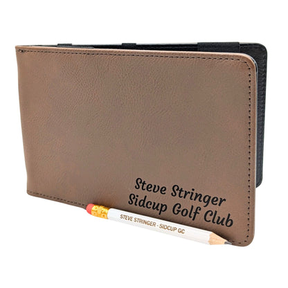 Personalised Golf Scorecard Holder | Brown PU Leather with Black | Engraving | Matching Pencil