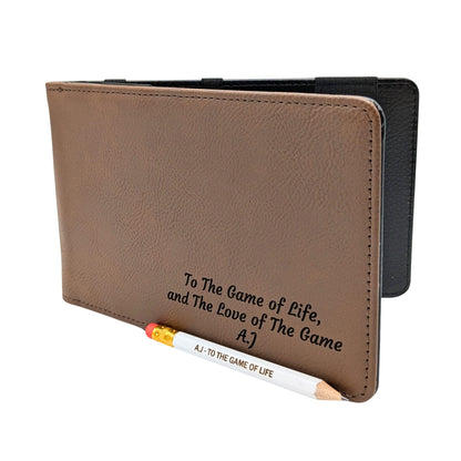 Personalised Golf Scorecard Holder | Brown PU Leather with Black | Engraving | Matching Pencil
