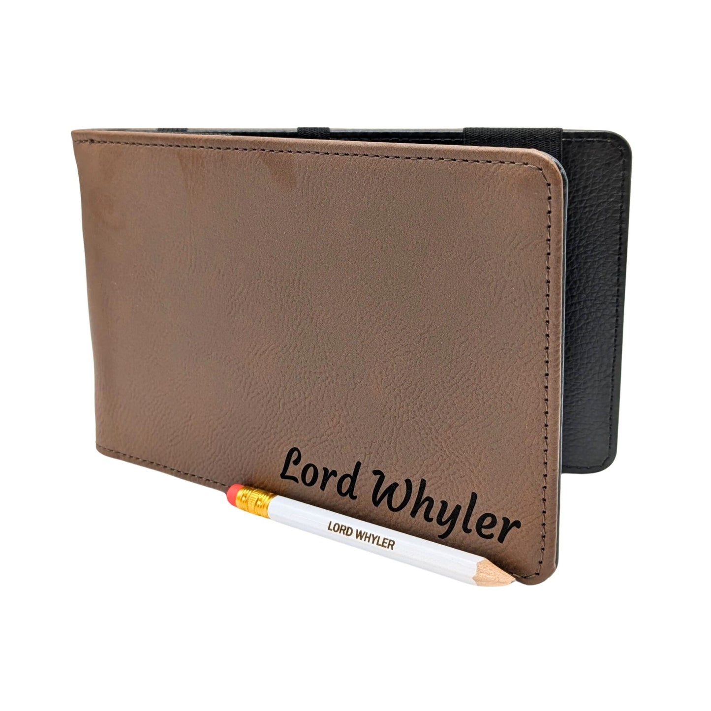Personalised Golf Scorecard Holder | Brown PU Leather with Black | Engraving | Matching Pencil