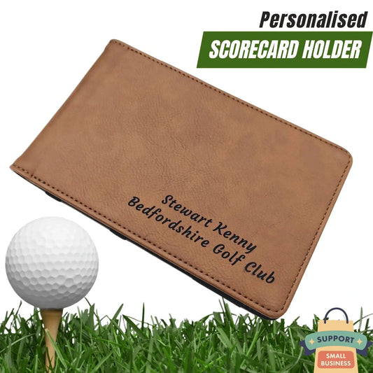 Personalised Golf Scorecard Holder | Brown PU Leather with Black Engraving