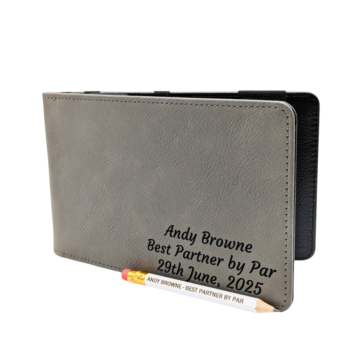 Personalised Golf Scorecard Holder with Matching Pencil | Grey PU Leather with Black Engraving | Suitable for all Golfers |  Birthday | Christmas Gift, Present