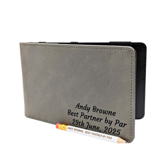 Personalised Golf Scorecard Holder with Matching Pencil | Grey PU Leather with Black Engraving | Suitable for all Golfers |  Birthday | Christmas Gift, Present