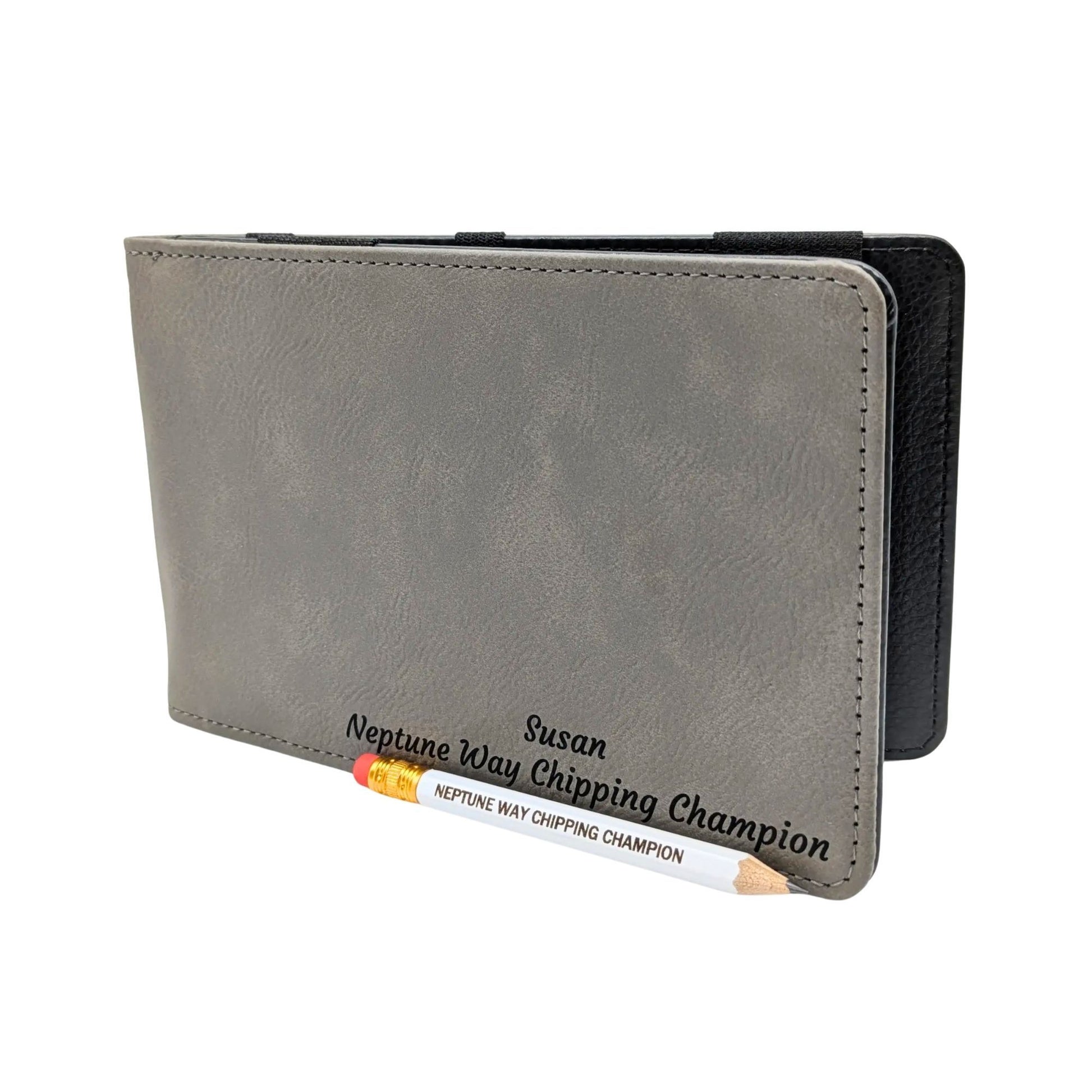Personalised Golf Scorecard Holder with Matching Pencil | Grey PU Leather with Black Engraving | Suitable for all Golfers |  Birthday | Christmas Gift, Present