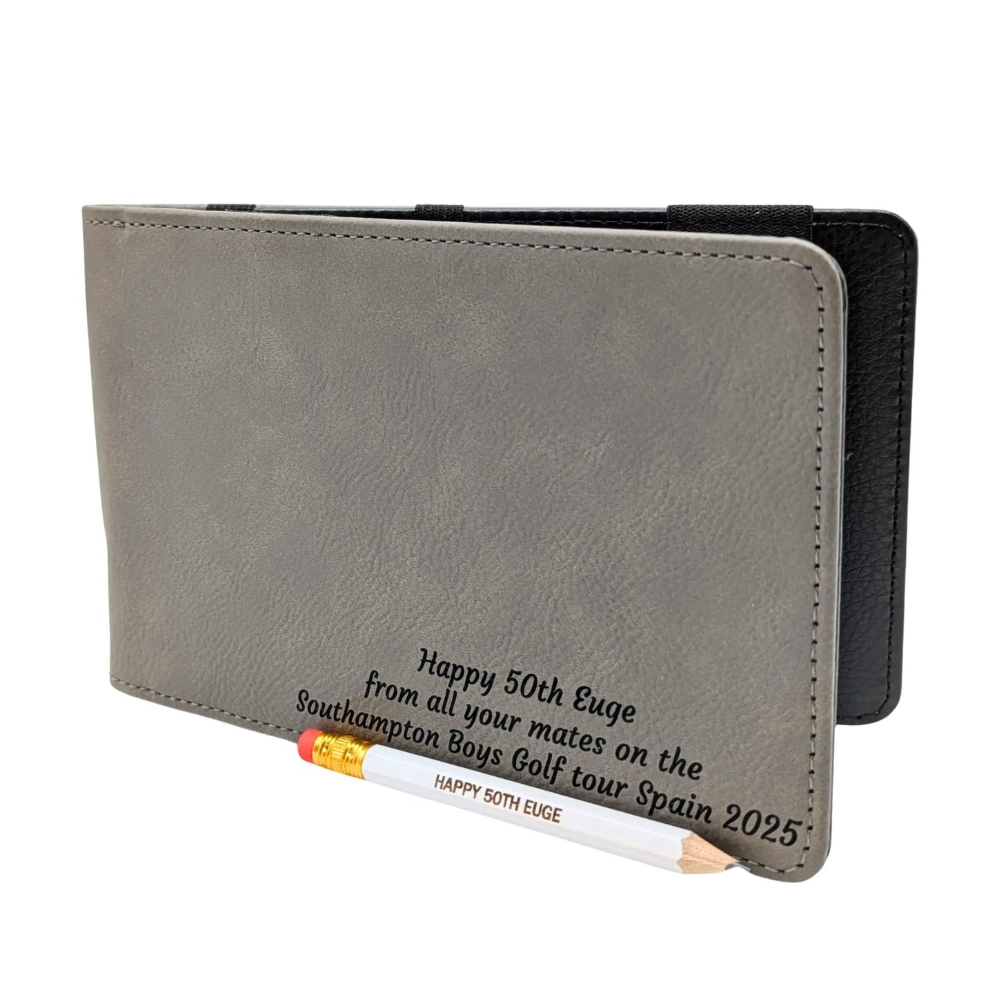 Personalised Golf Scorecard Holder with Matching Pencil | Grey PU Leather with Black Engraving | Suitable for all Golfers |  Birthday | Christmas Gift, Present