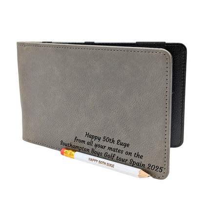 Personalised Golf Scorecard Holder with Matching Pencil | Grey PU Leather with Black Engraving | Suitable for all Golfers |  Birthday | Christmas Gift, Present