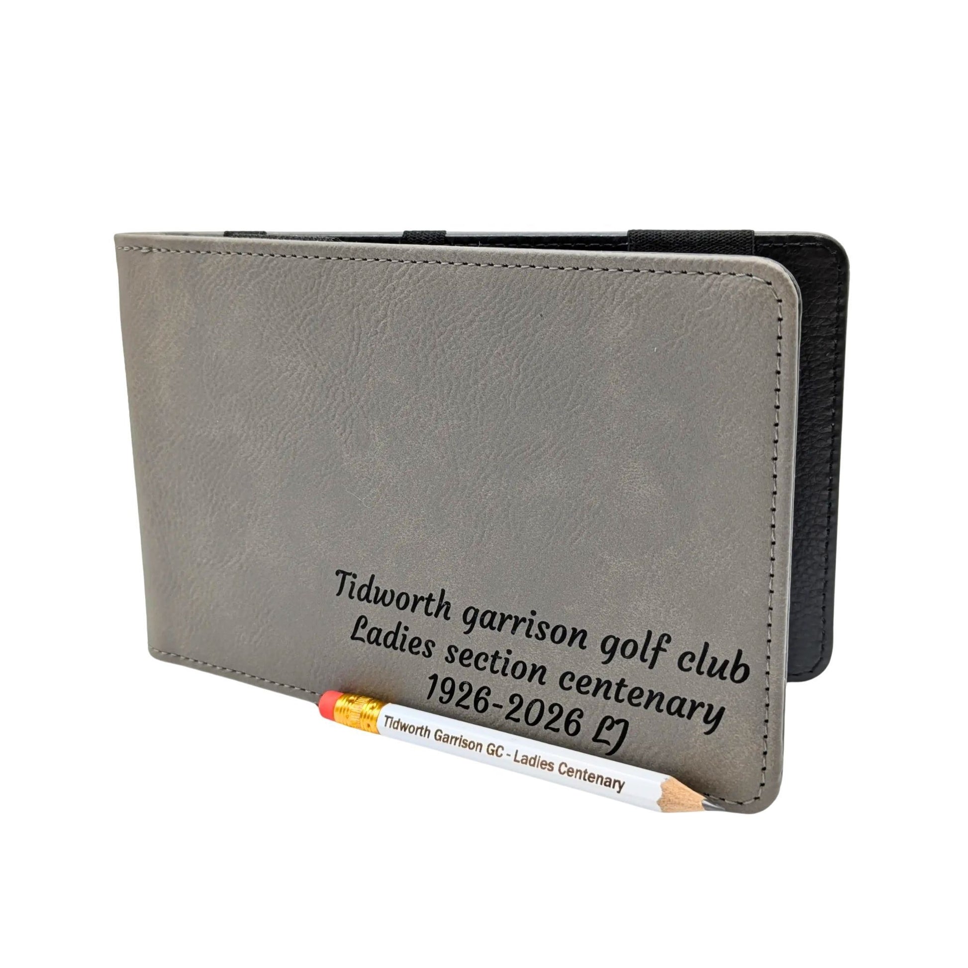 Personalised Golf Scorecard Holder with Matching Pencil | Grey PU Leather with Black Engraving | Suitable for all Golfers |  Birthday | Christmas Gift, Present