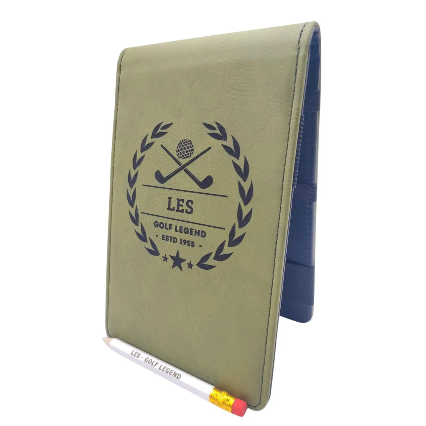 Personalised Golf Scorecard Holder Name and Year | Brown or Grey PU Leather with Black | Engraving | Matching Pencil