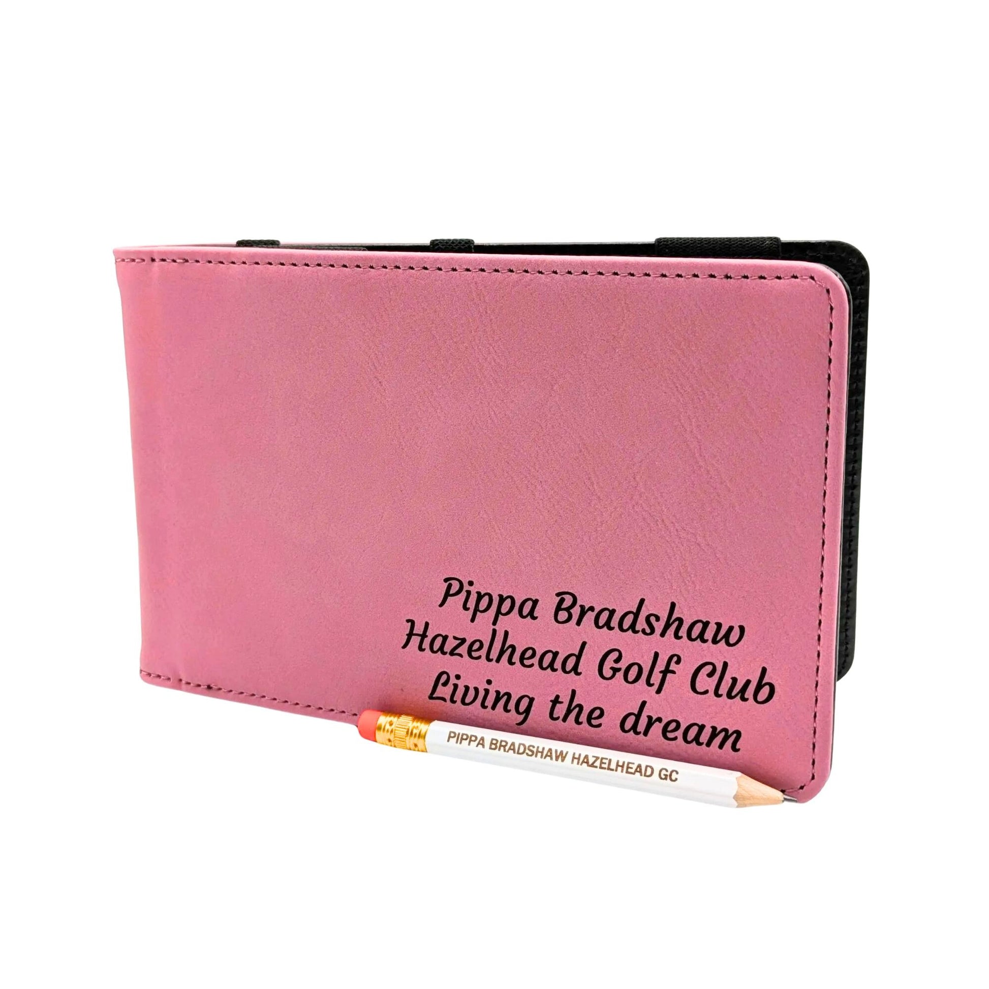 Personalised Golf Scorecard Holder | Pink PU Leather with Black Engraving and Matching Pencil - Golf Gifts Direct