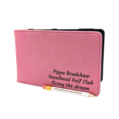 Personalised Golf Scorecard Holder | Pink PU Leather with Black Engraving and Matching Pencil - Golf Gifts Direct
