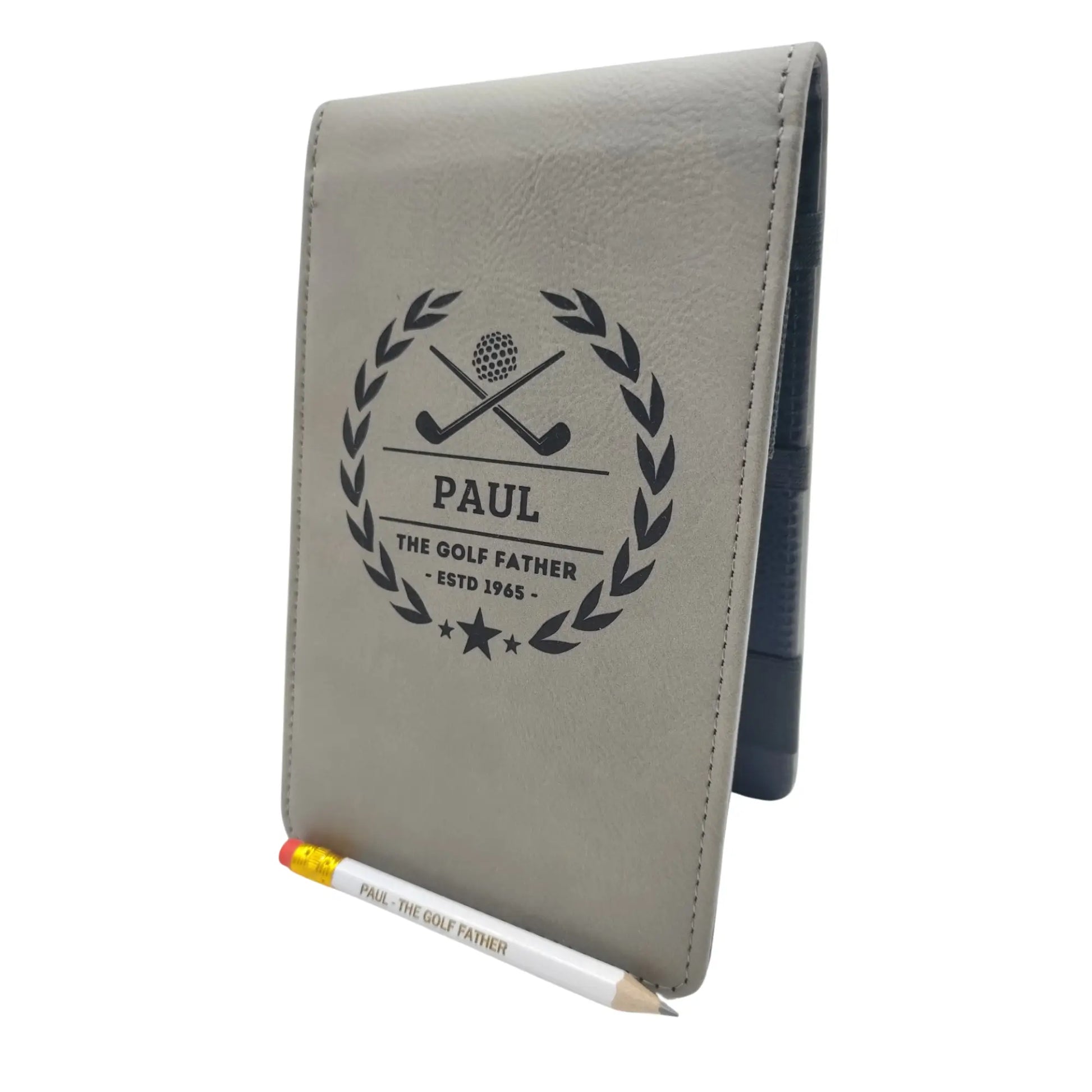 Personalised Golf Scorecard Holder Name and Year | Brown or Grey PU Leather with Black | Engraving | Matching Pencil